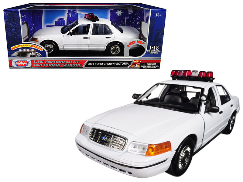 Motormax 2001 Ford Crown Victoria Police Car Plain White with Flashing Light Bar and Front and Rear Lights and Sounds 1/18 Diecast Model Car by Motormax