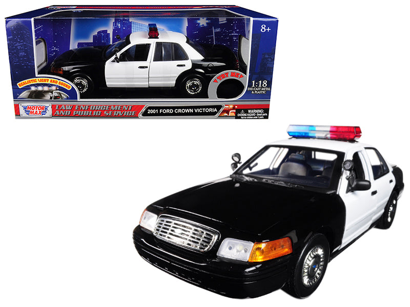 Motormax 2001 Ford Crown Victoria Police Car Plain Black & White with Flashing Light Bar & Front and Rear Lights and Sound 1/18 Diecast Model Car by Motormax