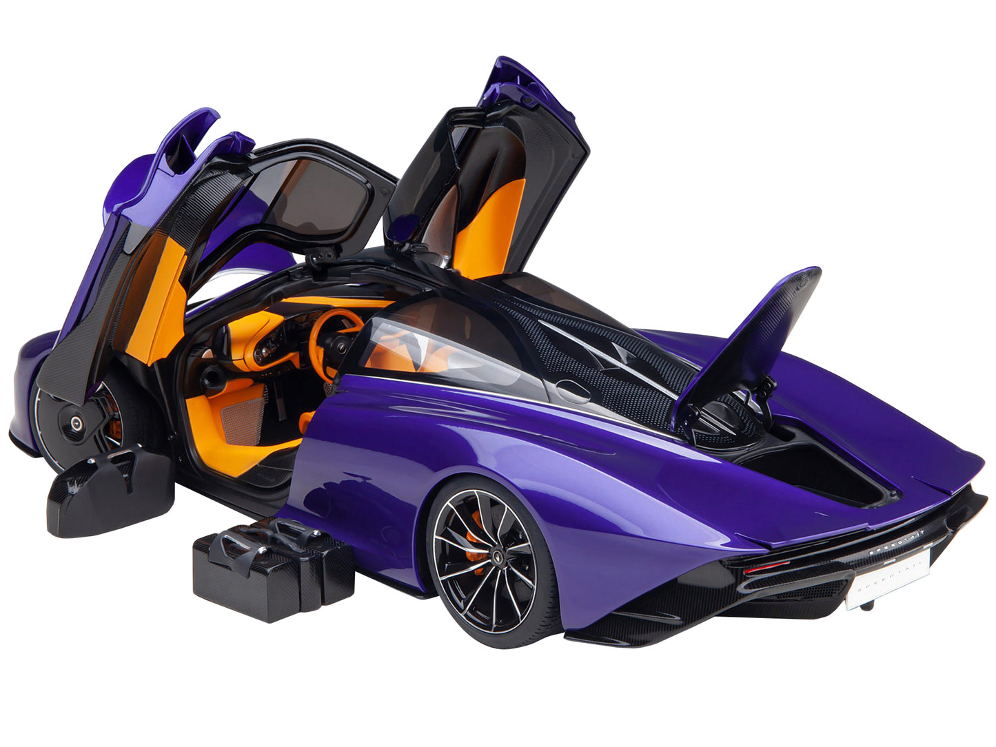 Autoart McLaren Speedtail Lantana Purple Metallic with Black Top and Yellow Interior and Suitcase Accessories 1/18 Model Car by Autoart