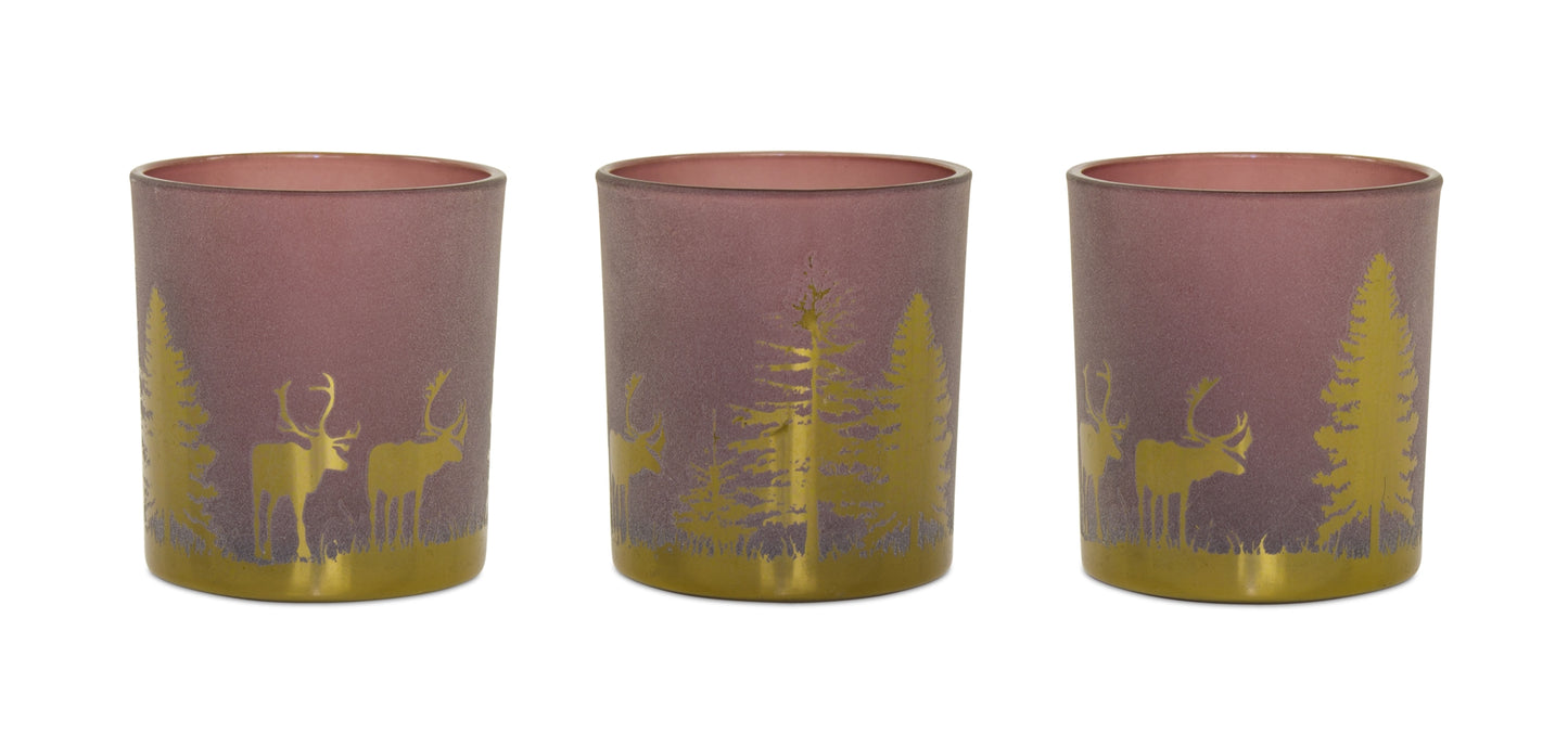 Glass Tea Light Holder with Woodland Scene (Set of 3)