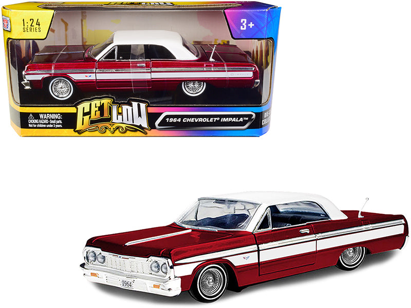 Motormax 1964 Chevrolet Impala Lowrider Hard Top Candy Red Metallic with White Top "Get Low" Series 1/24 Diecast Model Car by Motormax
