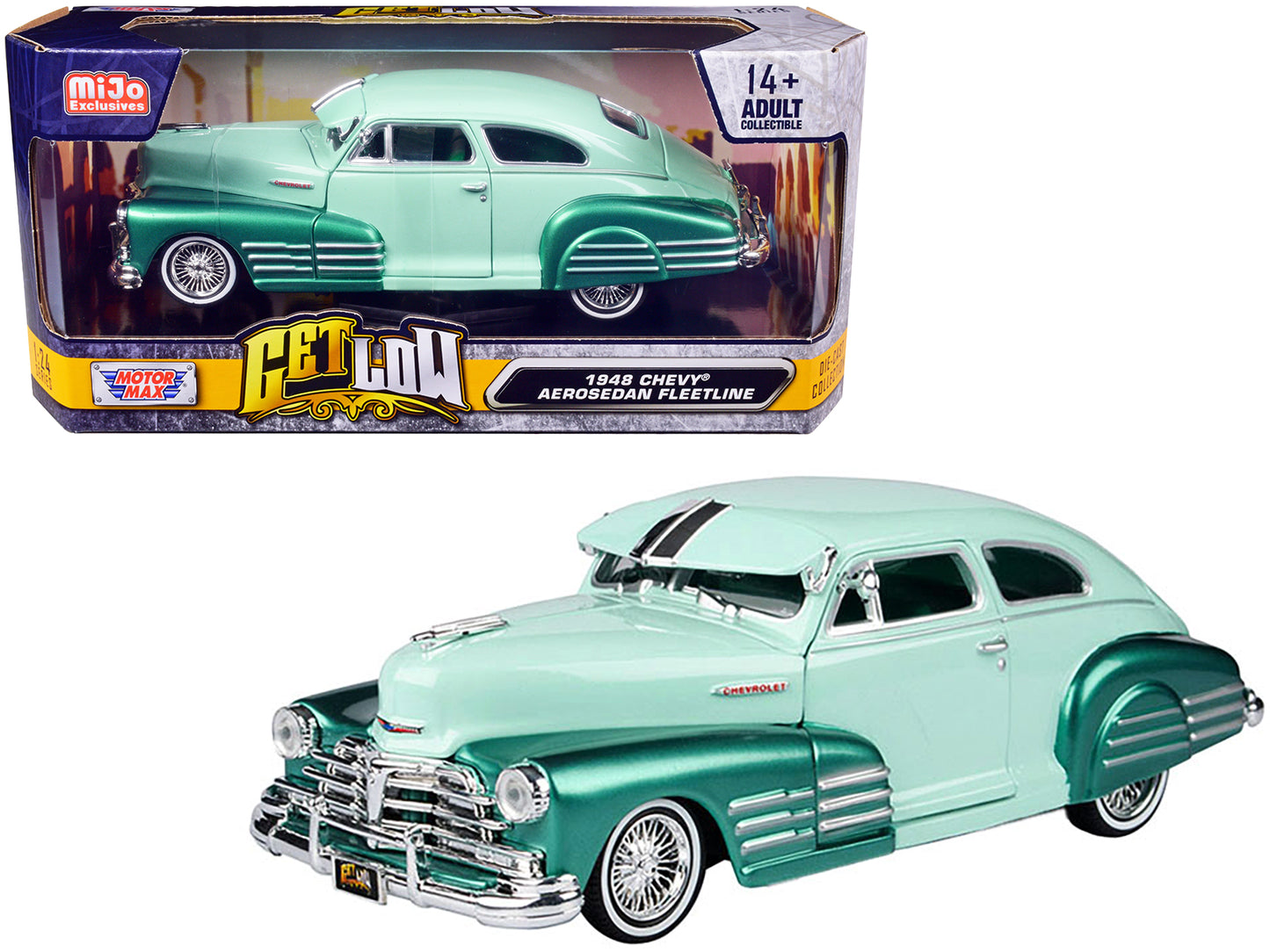 Motormax 1948 Chevrolet Aerosedan Fleetside Lowrider Pastel Green and Green Metallic Two-Tone "Get Low" Series 1/24 Diecast Model Car by Motormax