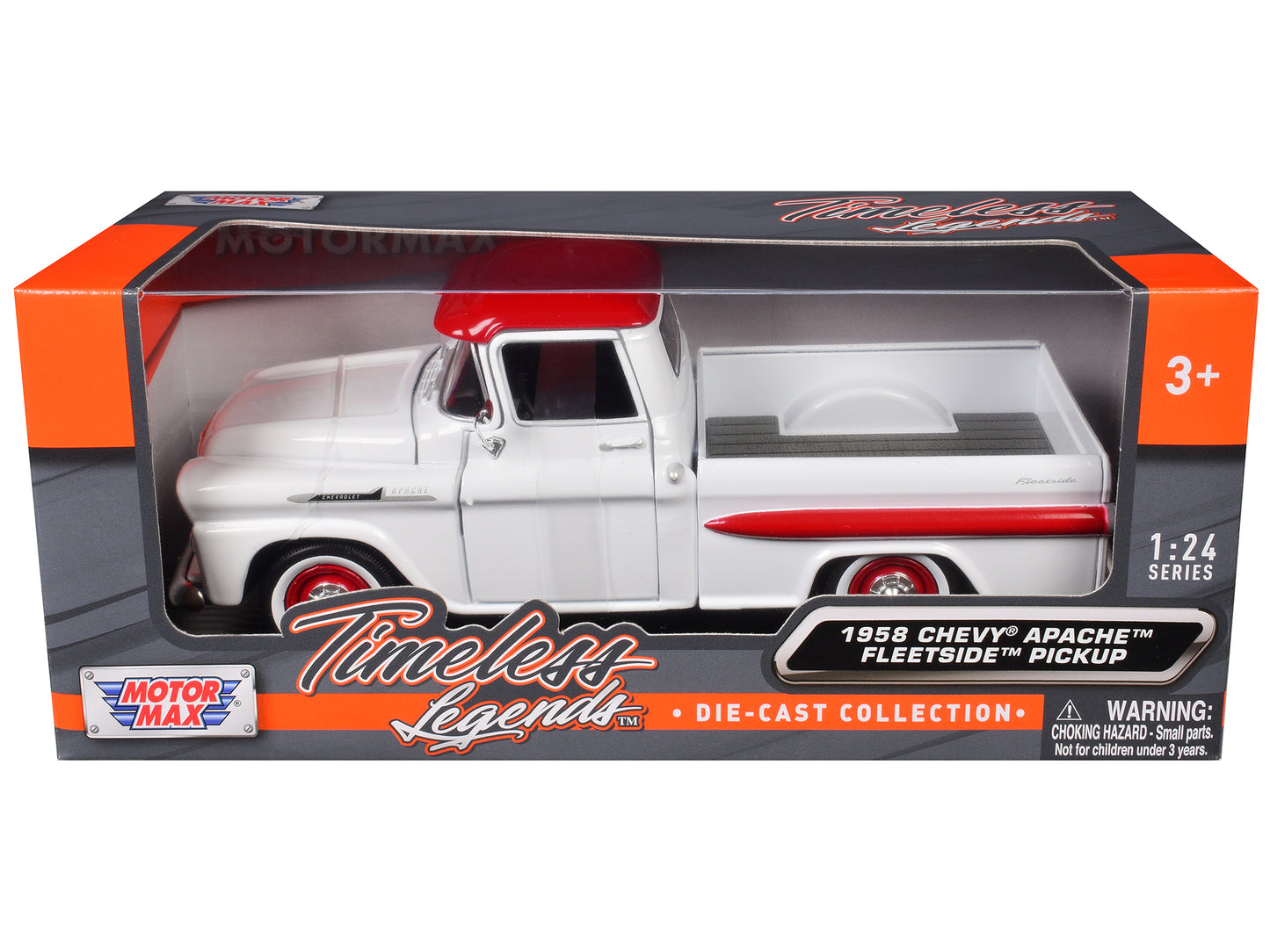 Motormax 1958 Chevrolet Apache Fleetside Pickup Truck White with Red Top "Timeless Legends" Series 1/24 Diecast Model Car by Motormax