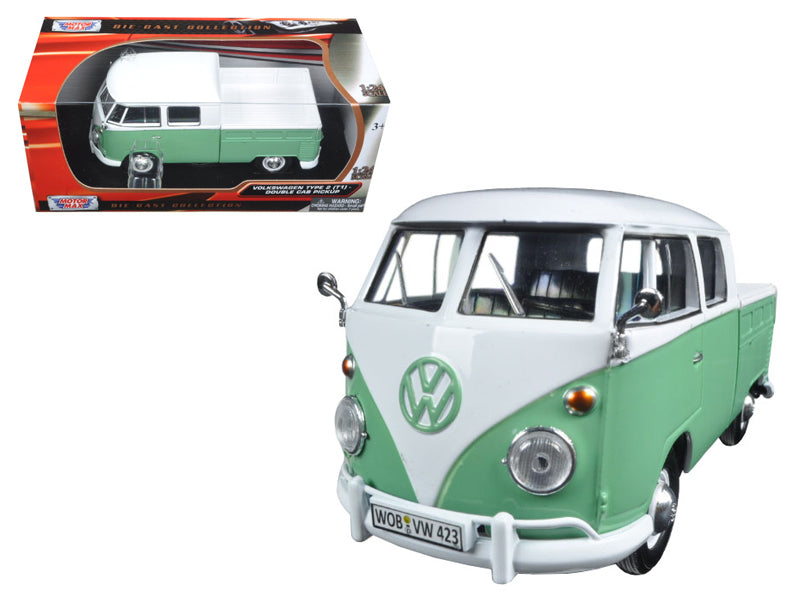 Motormax Volkswagen Type 2 (T1) Double Cab Pickup Truck White and Green 1/24 Diecast Model Car by Motormax
