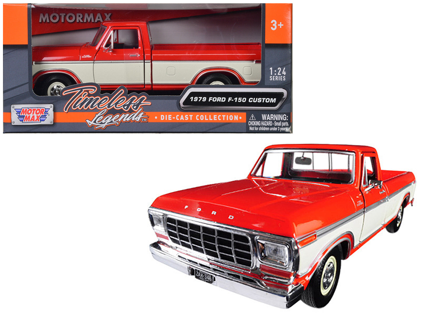 Motormax 1979 Ford F-150 Custom Pickup Truck Orange and Cream 1/24 Diecast Model Car by Motormax