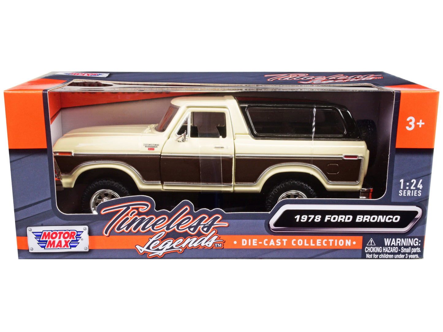 Motormax 1978 Ford Bronco Ranger XLT with Spare Tire Cream and Brown with Black Camper Shell "Timeless Legends" Series 1/24 Diecast Model Car by Motormax
