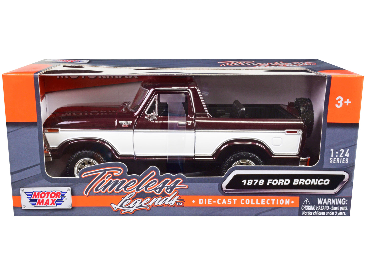 Motormax 1978 Ford Bronco Ranger XLT (Open Top) with Spare Tire Burgundy Metallic and White "Timeless Legends" Series 1/24 Diecast Model Car by Motormax