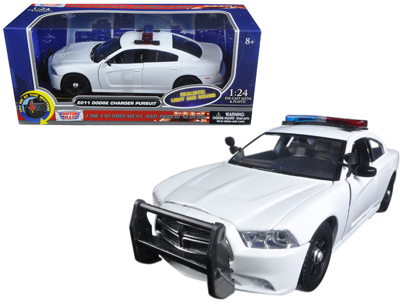 Motormax 2011 Dodge Charger Pursuit Police Car White with Flashing Light Bar, Front and Rear Lights and 2 Sounds 1/24 Diecast Model Car by Motormax