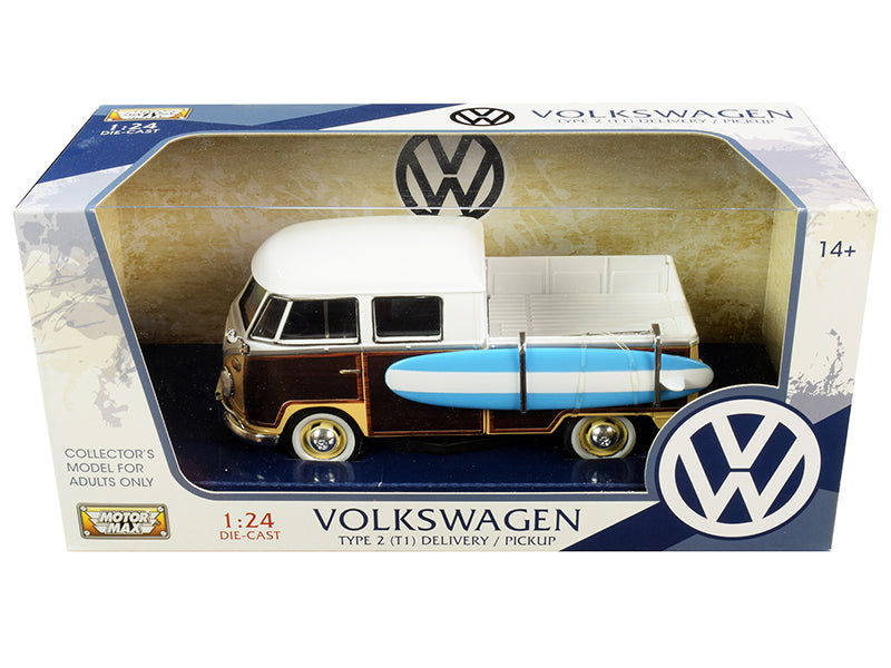 Motormax Volkswagen Type 2 (T1) Pickup White and Yellow with Wood Paneling with Surfboard 1/24 Diecast Model Car by Motormax