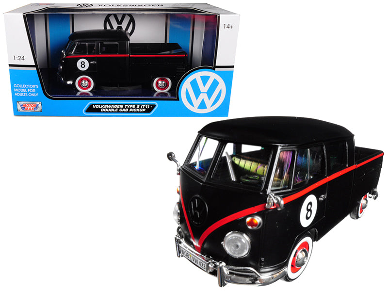Motormax Volkswagen Type 2 (T1) Double Cab Pickup #8 Matt Black 1/24 Diecast Car Model by Motormax