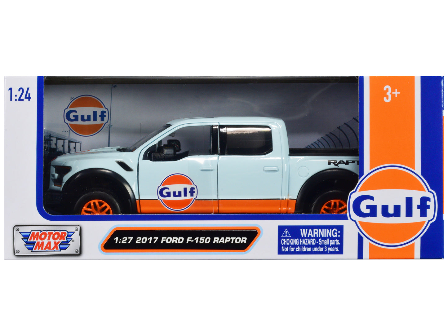 Motormax 2017 Ford F-150 Raptor Pickup Truck Light Blue with Orange Stripes "Gulf Oil" "Gulf Die-Cast Collection" 1/27 Diecast Model Car by Motormax