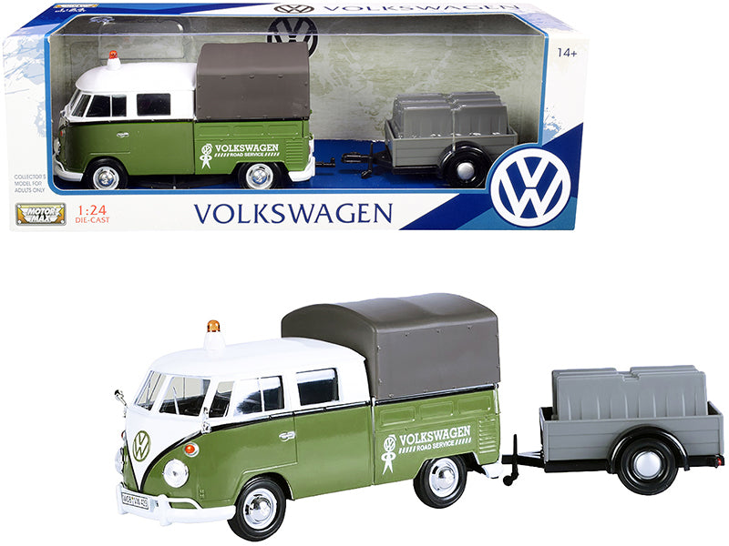 Motormax Volkswagen T1 Pickup with Canopy Green and White with Trailer "Road Service" 1/24 Diecast Model Car by Motormax