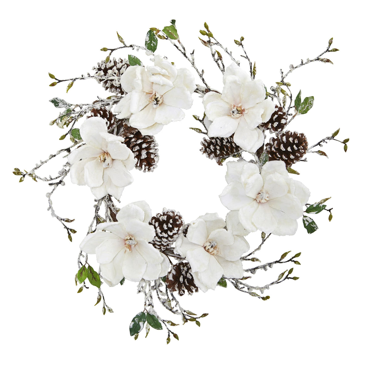 24" Snowed Magnolia & Pine Cone Wreath