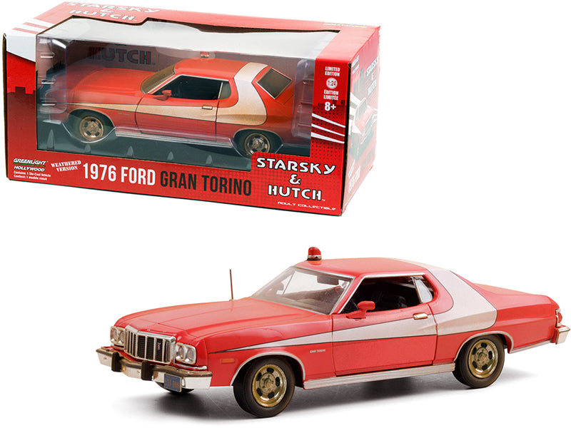 Greenlight 1976 Ford Gran Torino Red with White Stripe (Weathered Version) "Starsky and Hutch" (1975-1979) TV Series 1/24 Diecast Model Car by Greenlight
