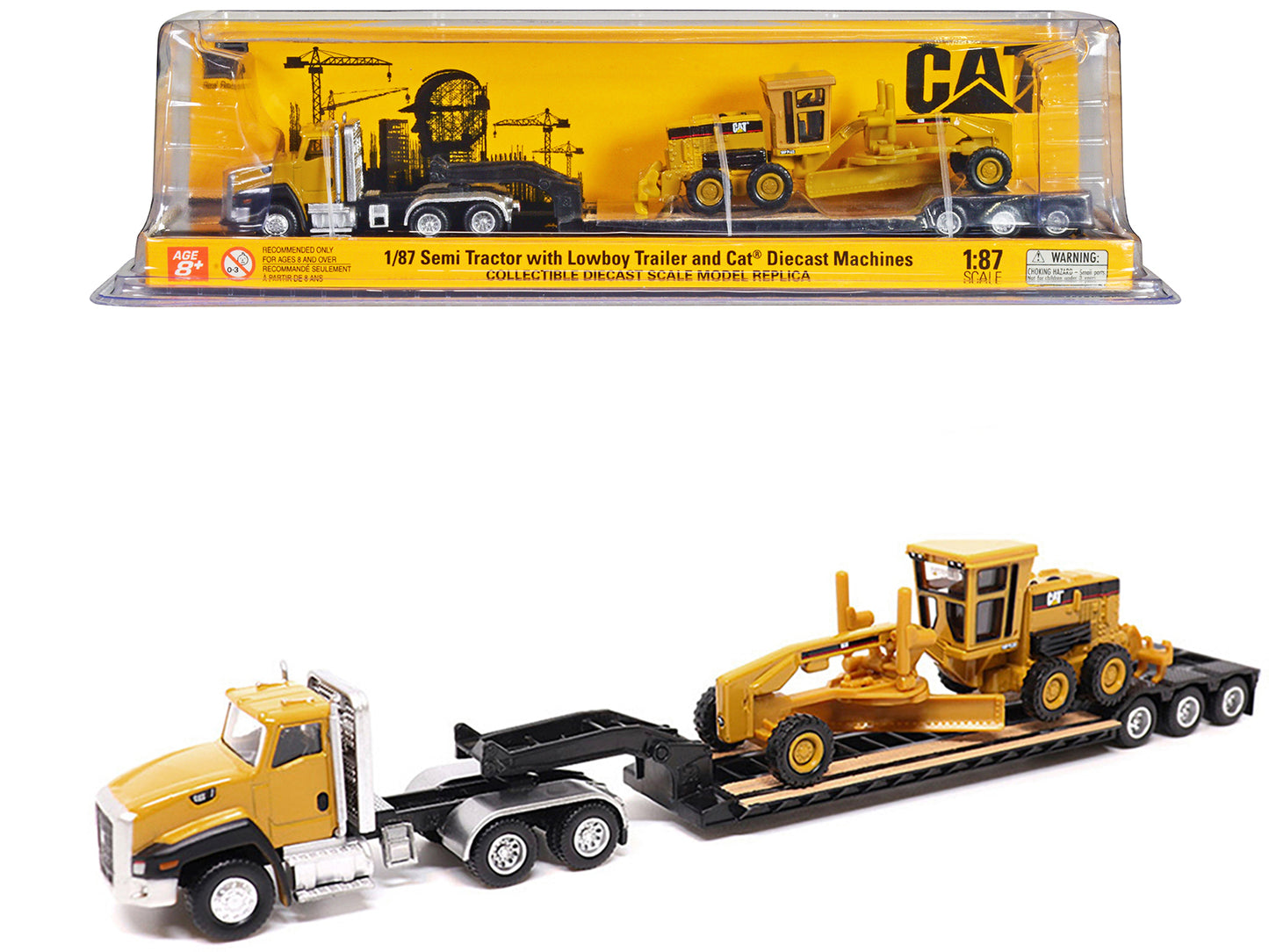 Diecast Masters CAT Caterpillar CT660 Day Cab Tractor Yellow with Lowboy Trailer and CAT 163H Motor Grader Yellow 1/87 (HO) Diecast Model by Diecast Masters