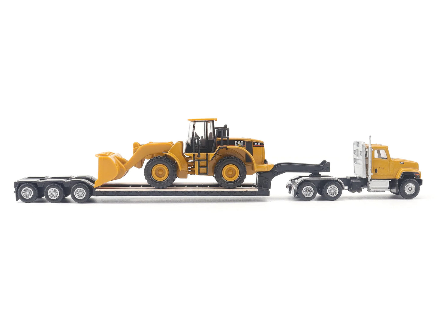 Diecast Masters CAT Caterpillar CT681 Day Cab Tractor Yellow with Lowboy Trailer and CAT 950G Wheel Loader Yellow 1/87 (HO) Diecast Model by Diecast Masters