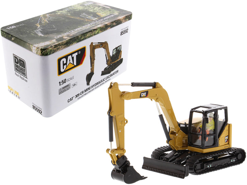 Diecast Masters CAT Caterpillar 309 CR Next Generation Mini Hydraulic Excavator with Work Tools and Operator "High Line" Series 1/50 Diecast Model by Diecast Masters