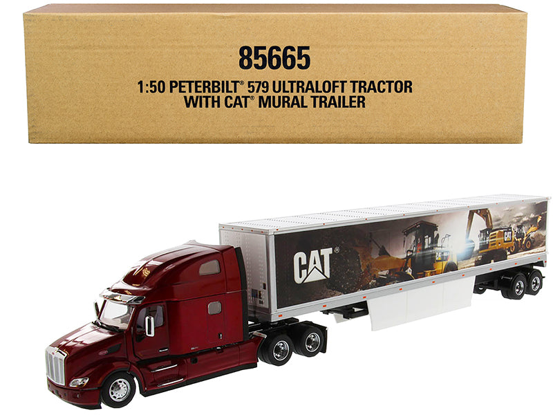 Diecast Masters Peterbilt 579 UltraLoft Truck Tractor Red with "CAT Caterpillar" Mural Dry Van Trailer "Transport Series" 1/50 Diecast Model by Diecast Masters