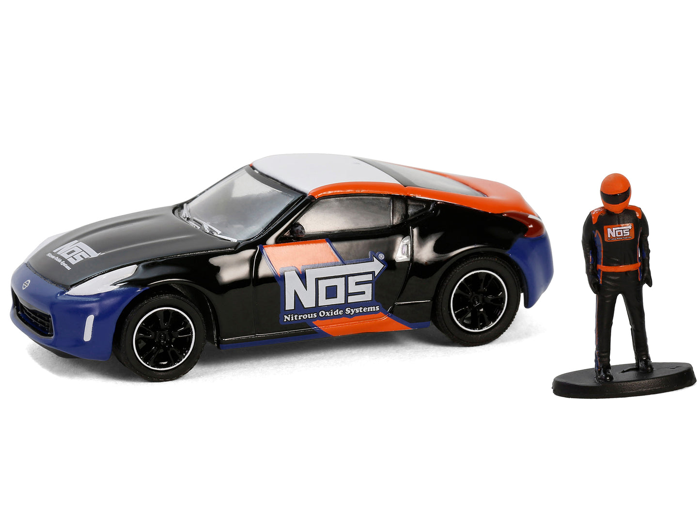 Greenlight 2020 Nissan 370z "NOS Nitrous Oxide Systems" Black with Graphics and Race Car Driver "The Hobby Shop" Series 16 1/64 Diecast Model Car by Greenlight