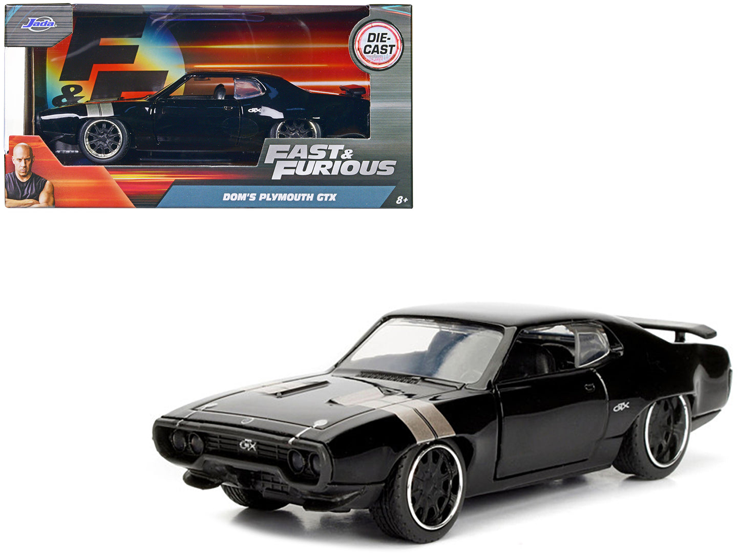 Jada Dom's Plymouth GTX Black with Silver Stripes Fast & Furious F8 "The Fate of the Furious" Movie 1/32 Diecast Model Car by Jada