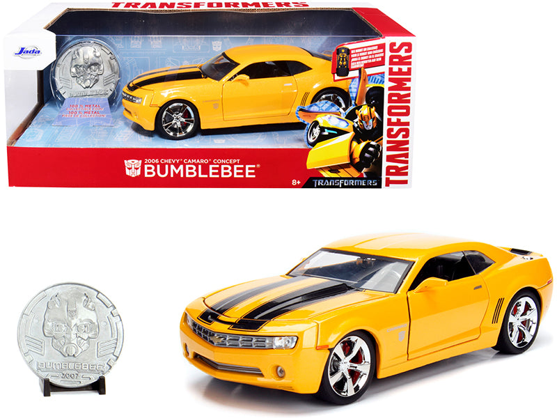 Jada 2006 Chevrolet Camaro Concept Yellow Bumblebee with Robot on Chassis and Collectible Metal Coin "Transformers" Movie 1/24 Diecast Model Car by Jada