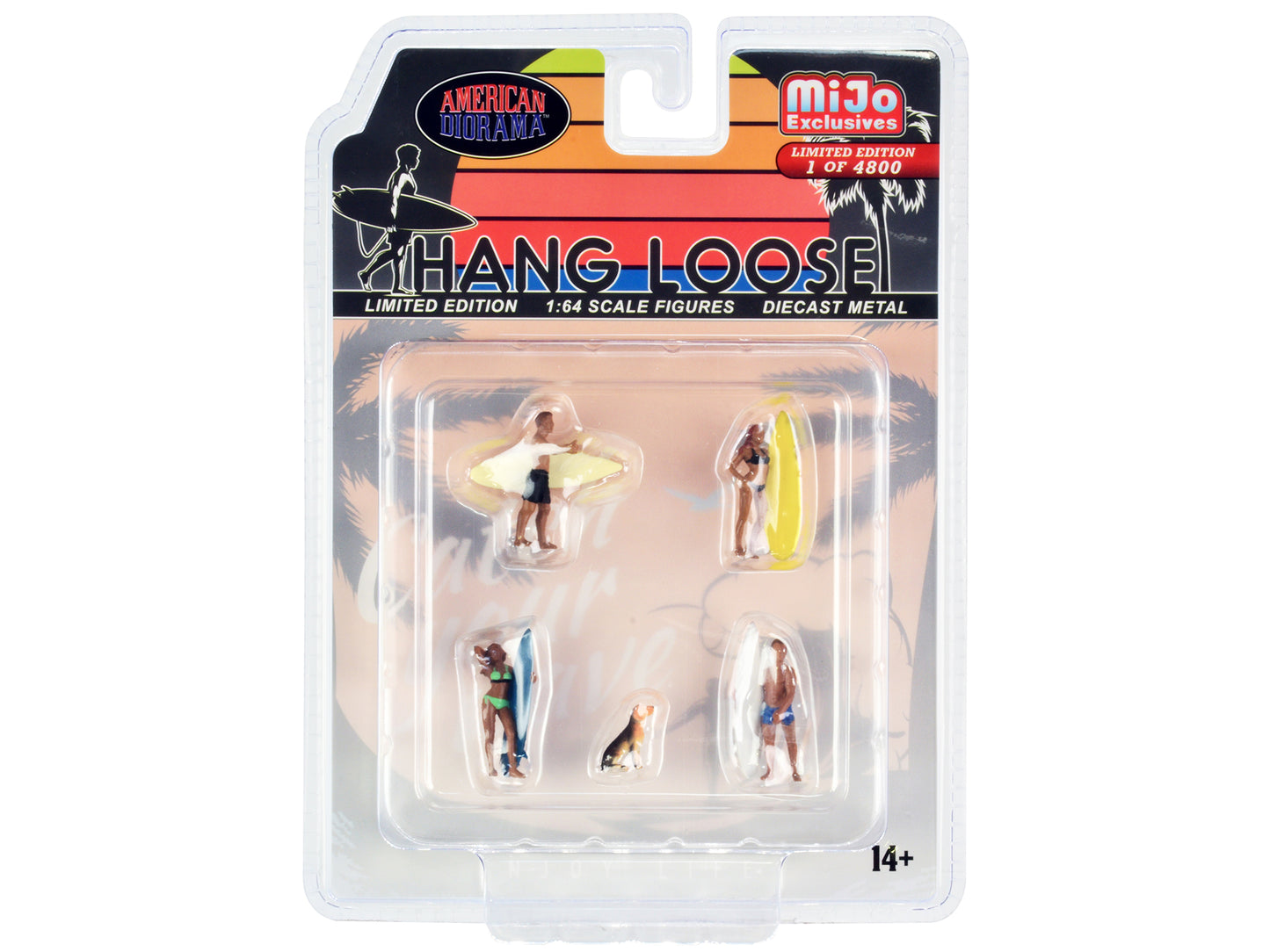American Diorama "Hang Loose" 5 piece Diecast Set (4 Surfer Figures and 1 Dog) Limited Edition to 4800 pieces Worldwide for 1/64 Scale Models by American Diorama
