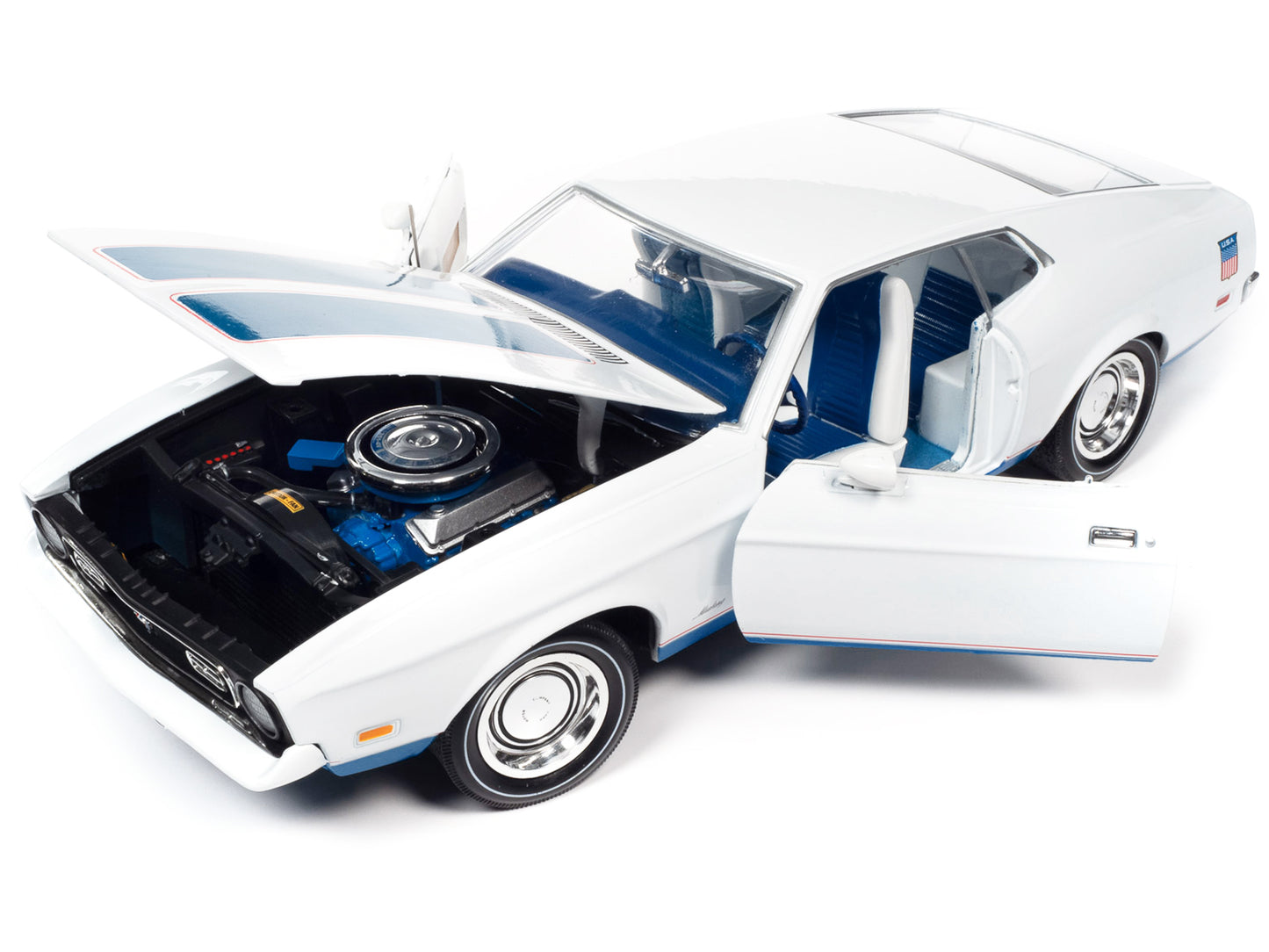 Autoworld 1972 Ford Mustang Sprint White with Blue Stripes "Class of 1972" "American Muscle" Series 1/18 Diecast Model Car by Auto World