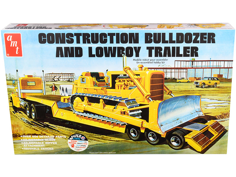 AMT Skill 3 Model Kit Construction Bulldozer and Lowboy Trailer Set of 2 pieces 1/25 Scale Model by AMT