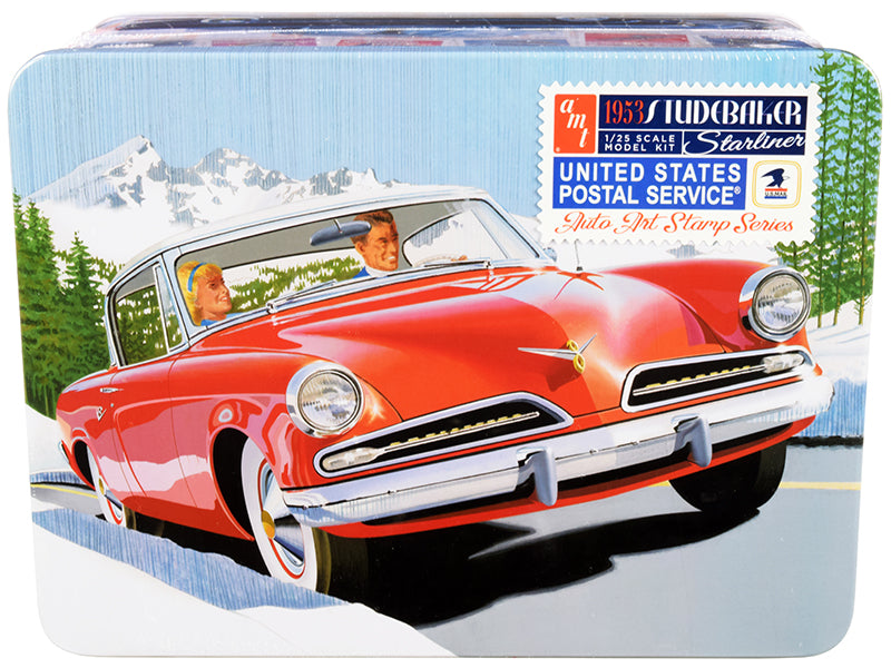 AMT Skill 2 Model Kit 1953 Studebaker Starliner with "USPS" (United States Postal Service) Themed Collectible Tin Box 3-In-1 Kit 1/25 Scale Model by AMT