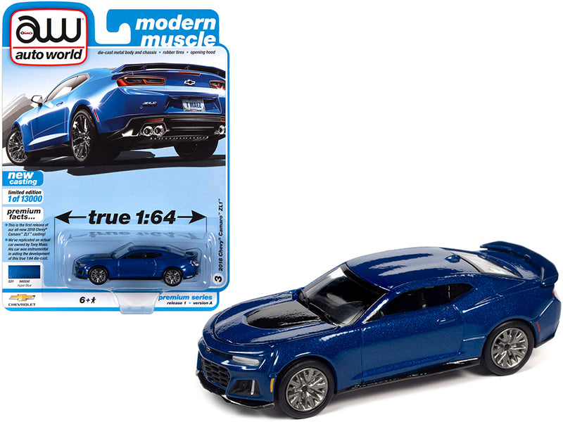 Autoworld 2018 Chevrolet Camaro ZL1 Hyper Blue Metallic "Modern Muscle" Limited Edition to 13000 pieces Worldwide 1/64 Diecast Model Car by Auto World