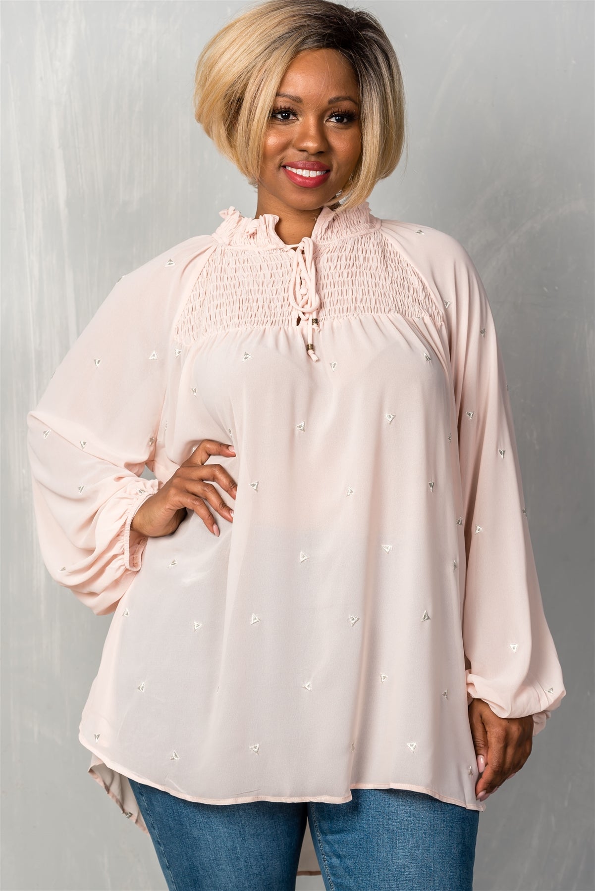 Ladies fashion plus size long sleeve with elastic cuffs, elastic high neckline & elastic chest detail, sheer, triangle metallic detail allover, high-low hem, relaxed fit, button up & self tie closure detail top