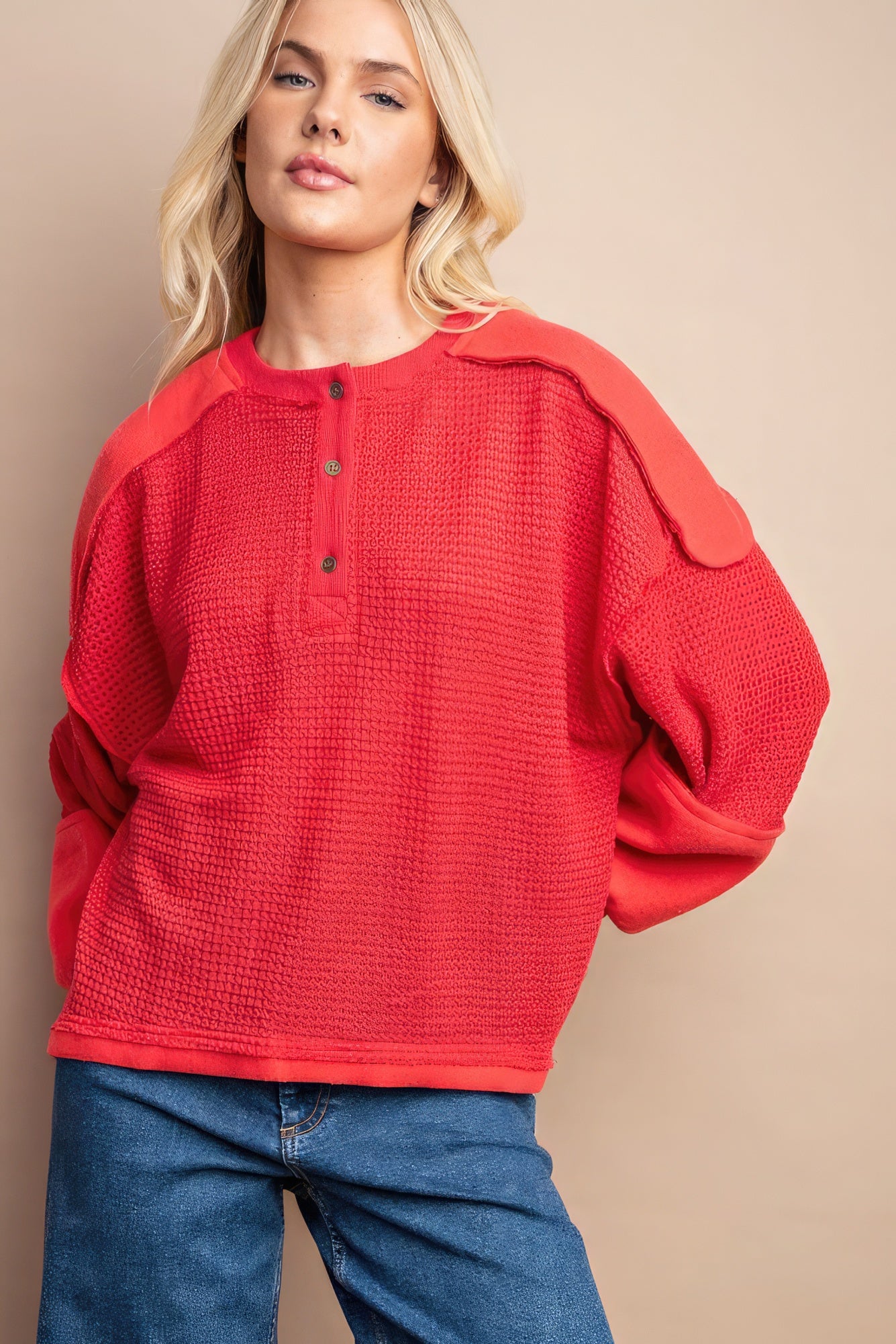 Waffle Knit And Fleece Contrast Henley Top With Button Front