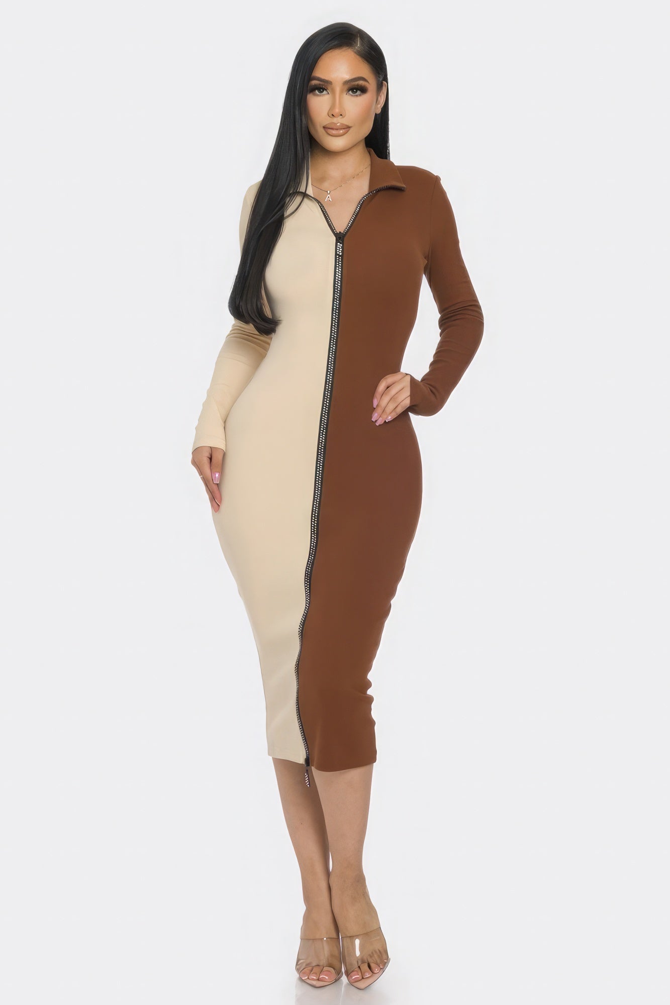 Midi Long Sleeve Mock Neck Color Block Dress