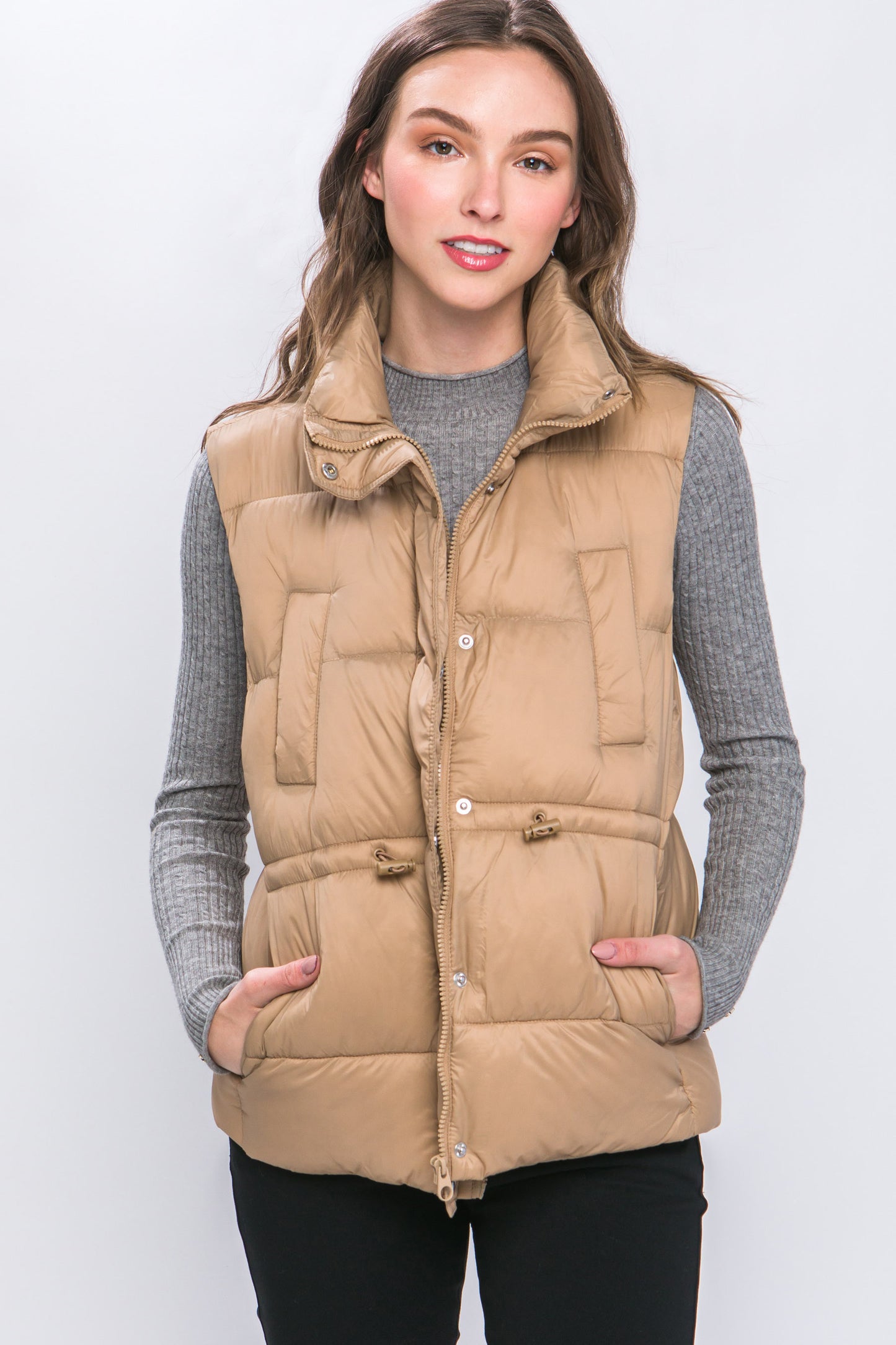 Zip Up Button Puffer Vest With Waist Toggles