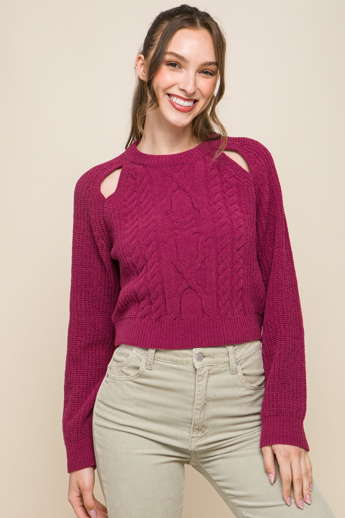Knit Pullover Sweater With Cold Shoulder Detail