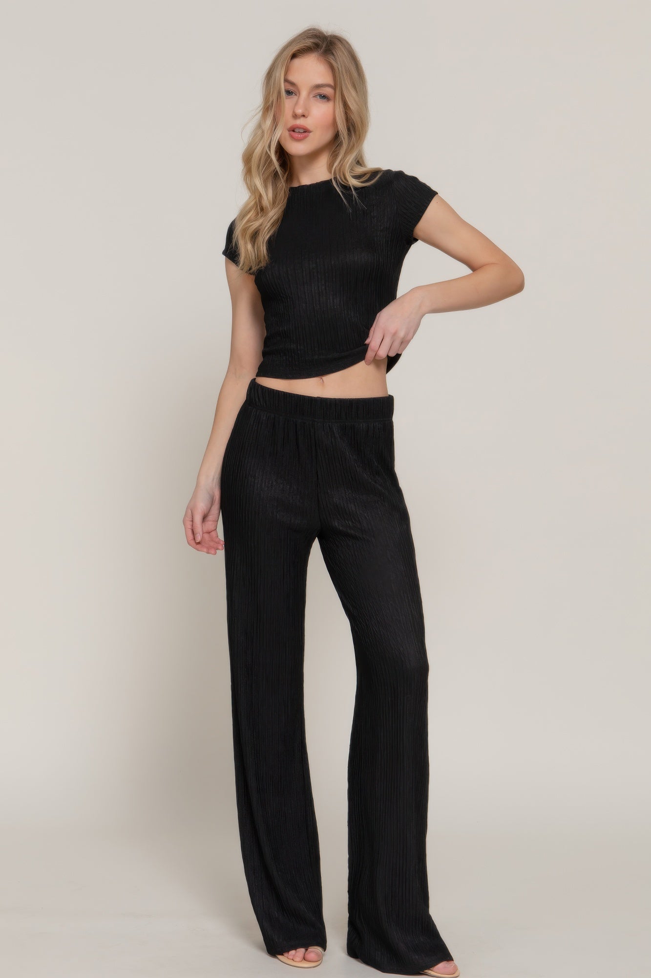 Short Slv Top & Flare Pants Set