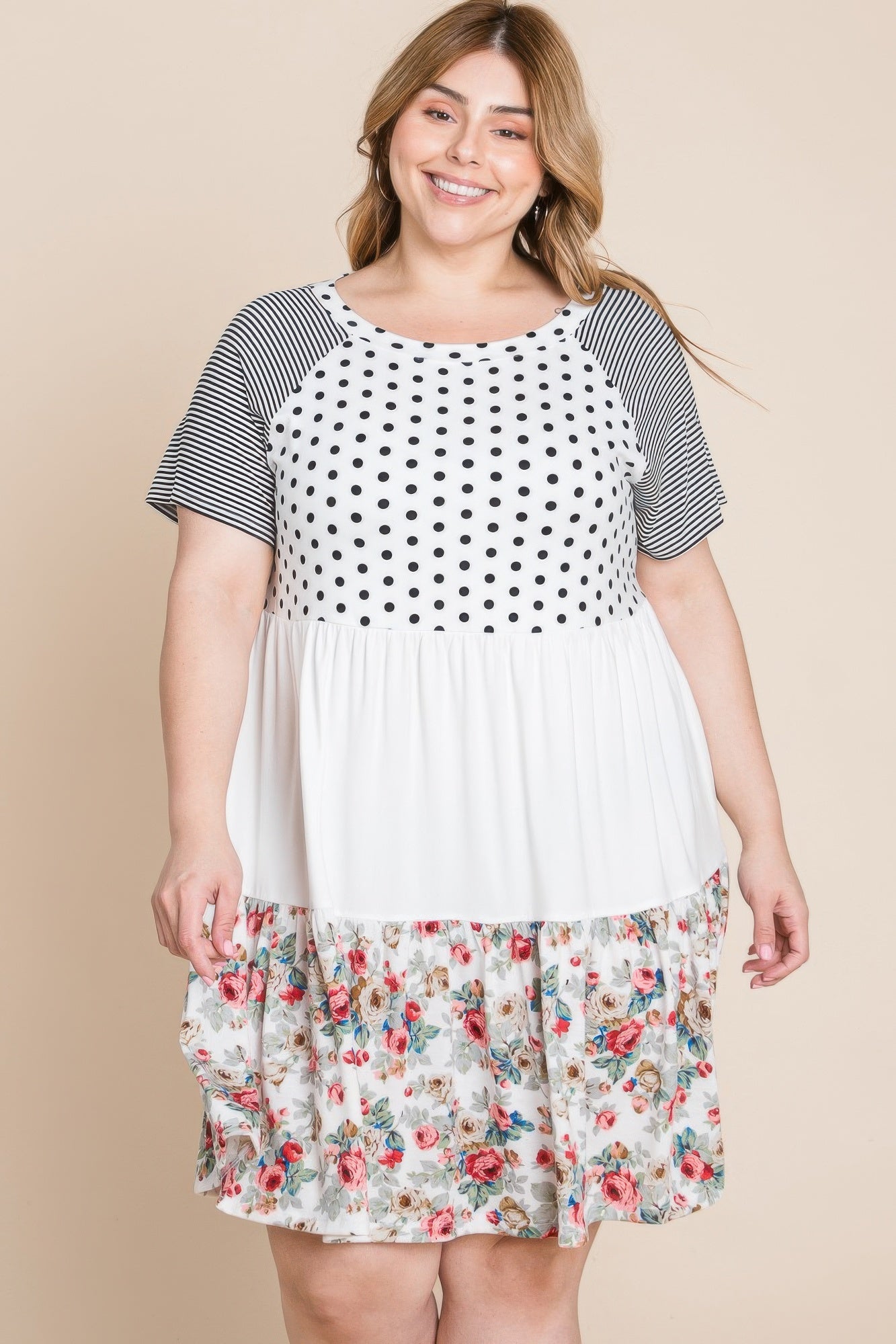Plus Size Polka Dot Floral Striped Dress