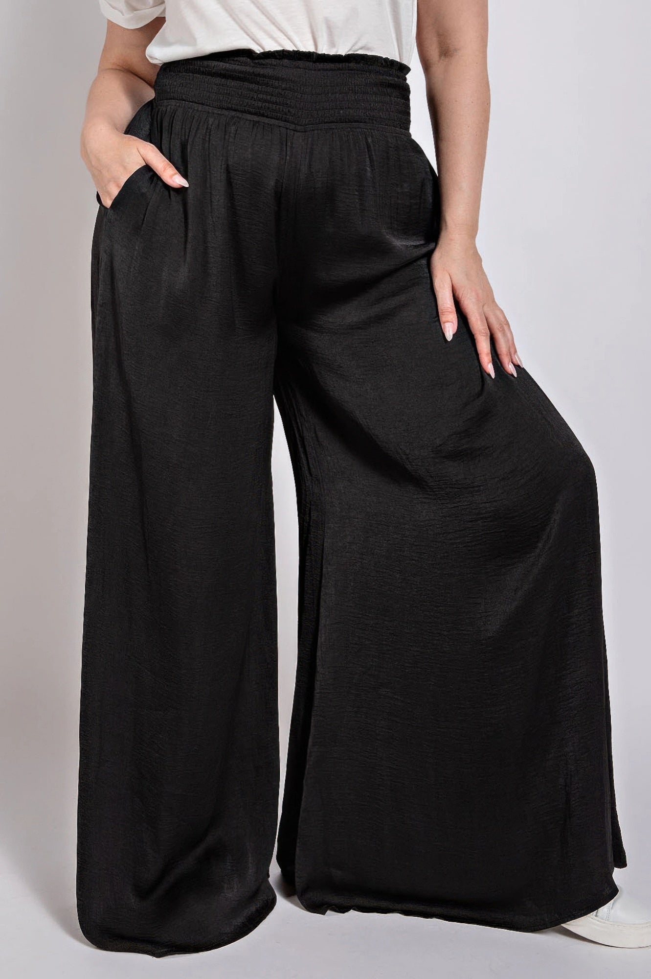 Washed Satin Wide Pants With Waist Smocked