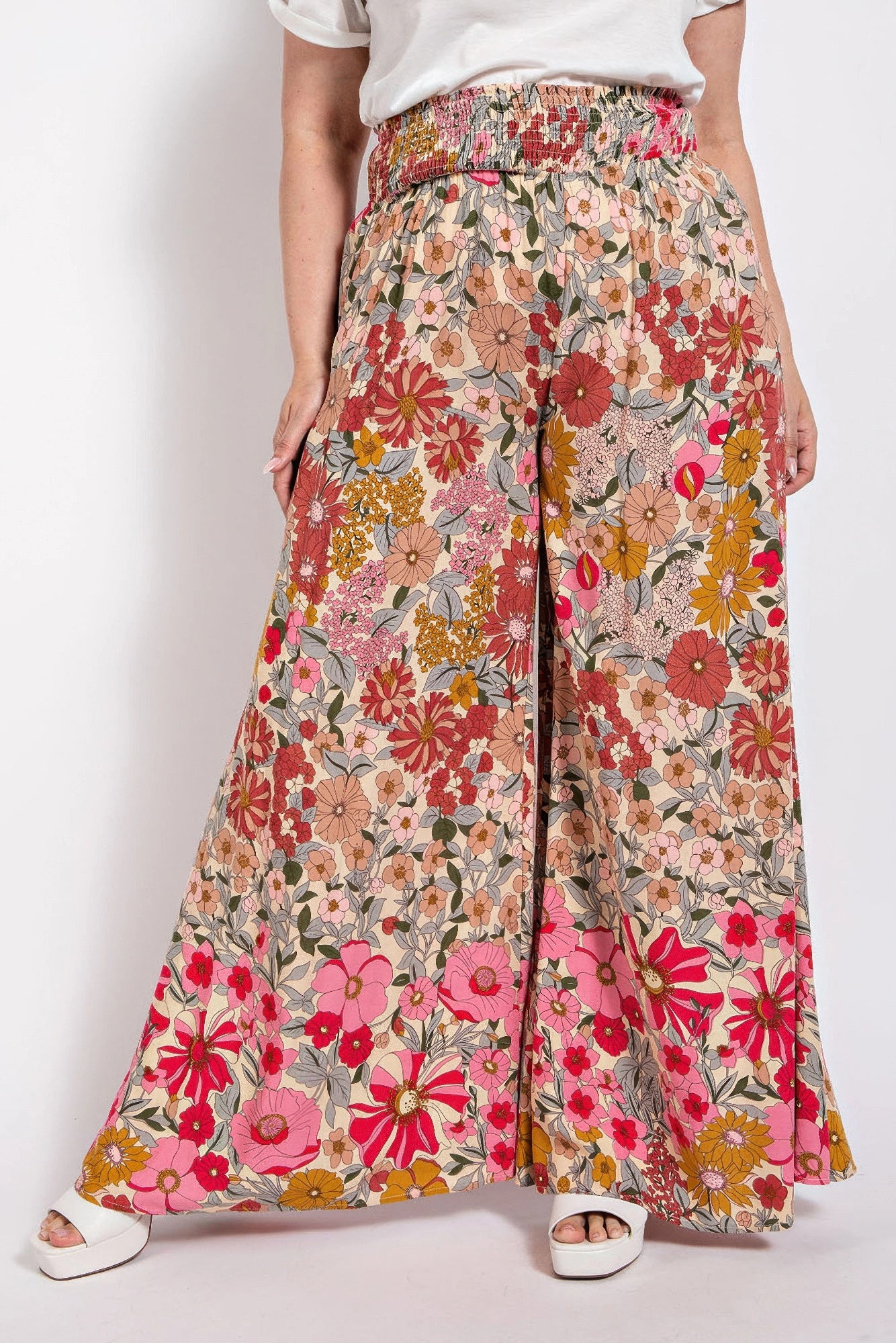 Flare Wide Leg And Waist Smocked Pants With Side Pocket