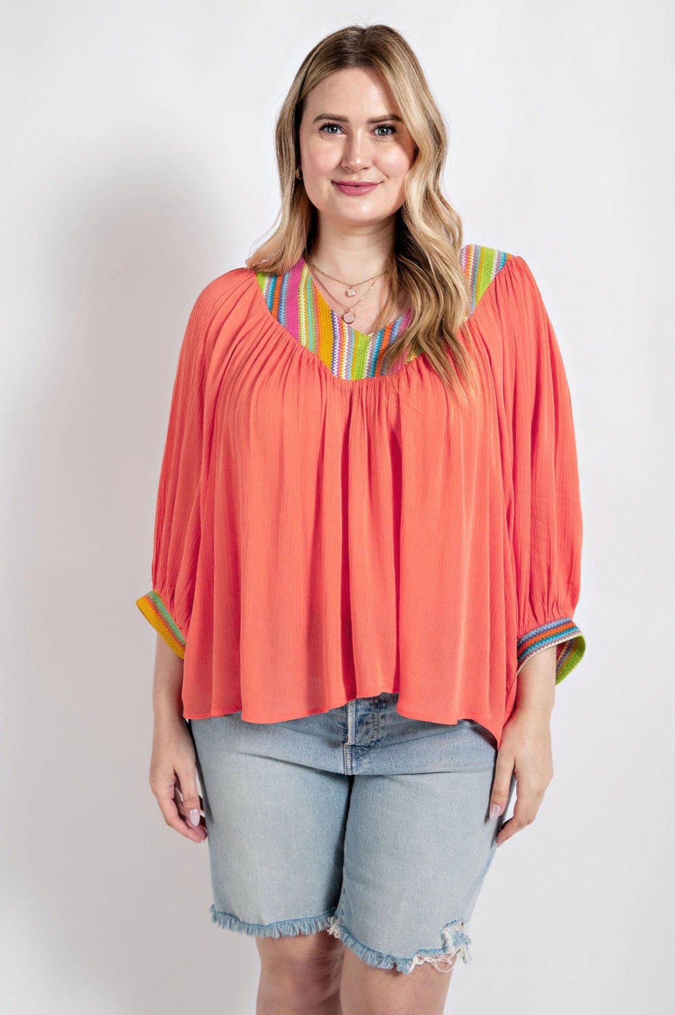 V-neck Flowy Dolman Sleeve Top With Stripe Accents