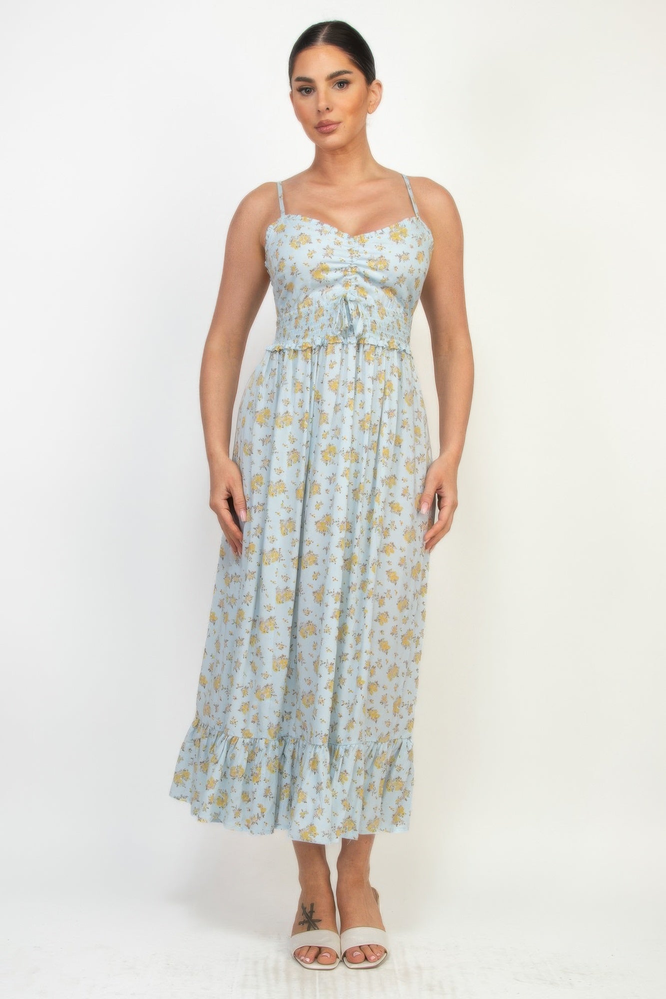 Ruched Ditsy Ruffled Hem Dress