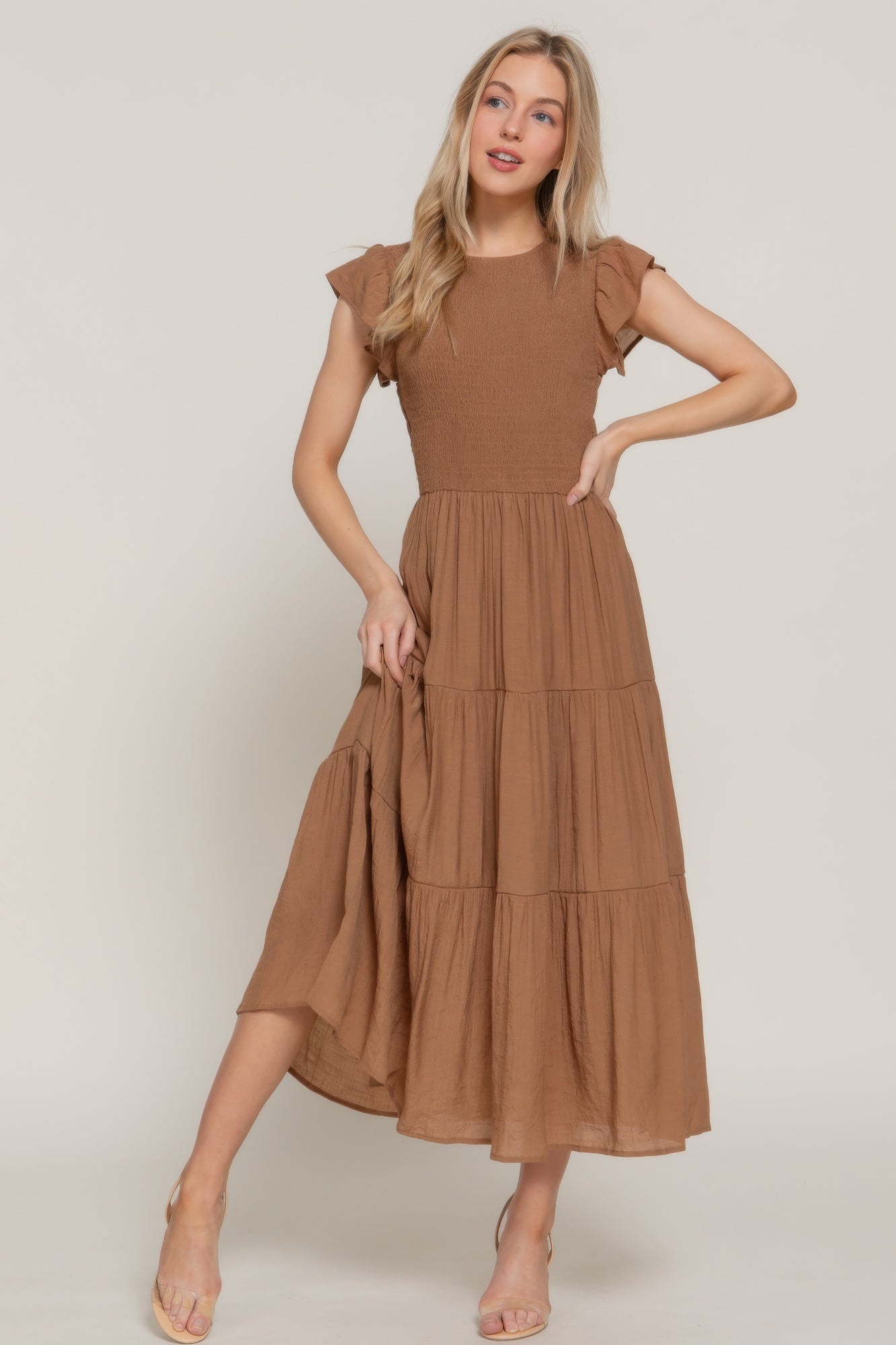 Ruffle Slv Smocked Solid Tired Dress