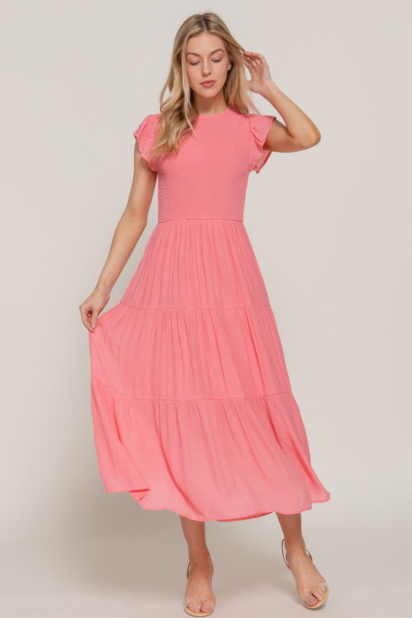 Ruffle Slv Smocked Solid Tired Dress