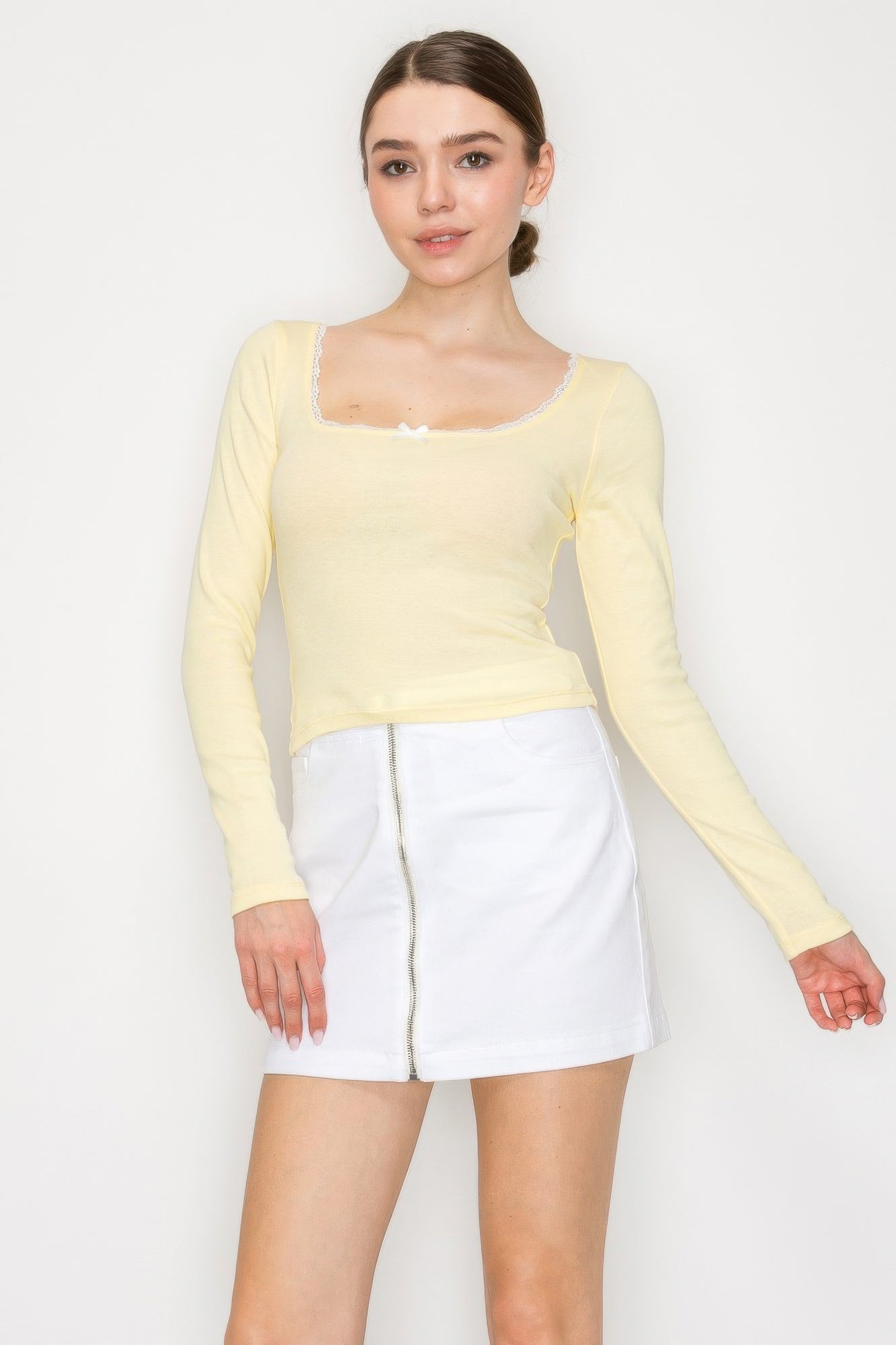 Lace Trim Square Long Sleeve Top