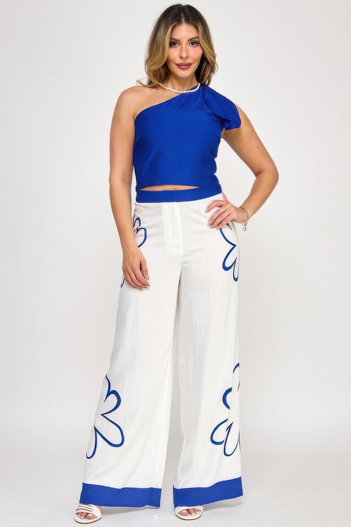 Bow One Shoulder Top With Print Pants Set