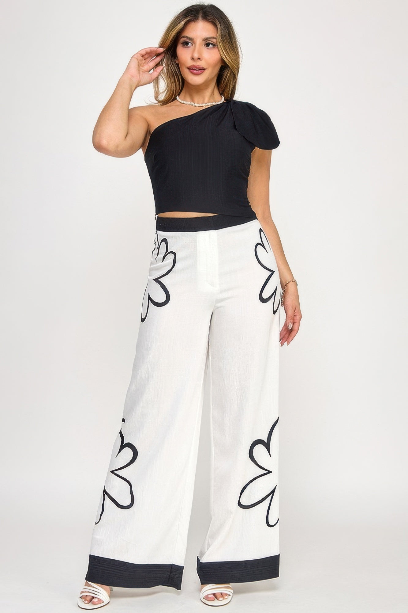 Bow One Shoulder Top With Print Pants Set