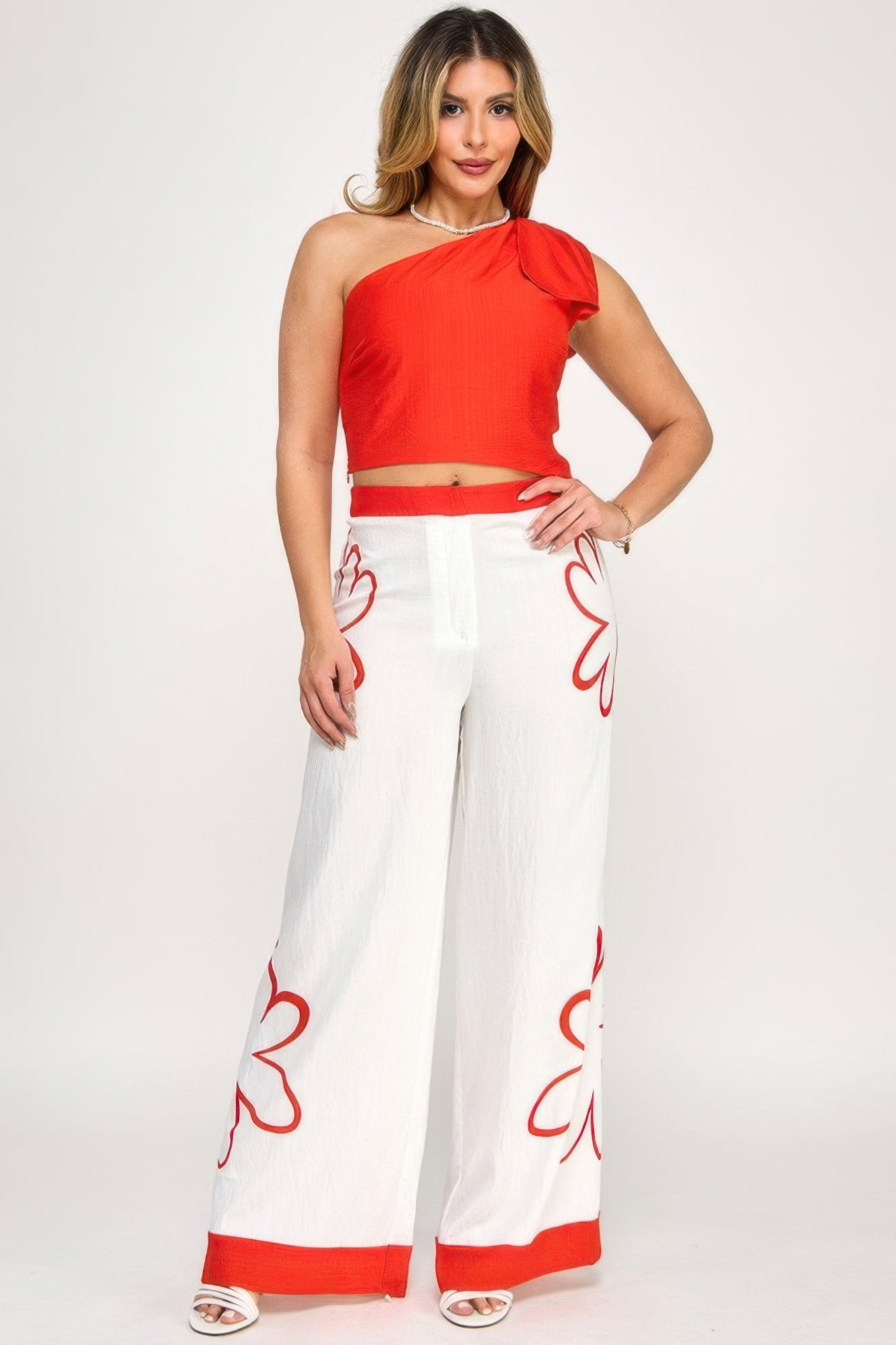 Bow One Shoulder Top With Print Pants Set