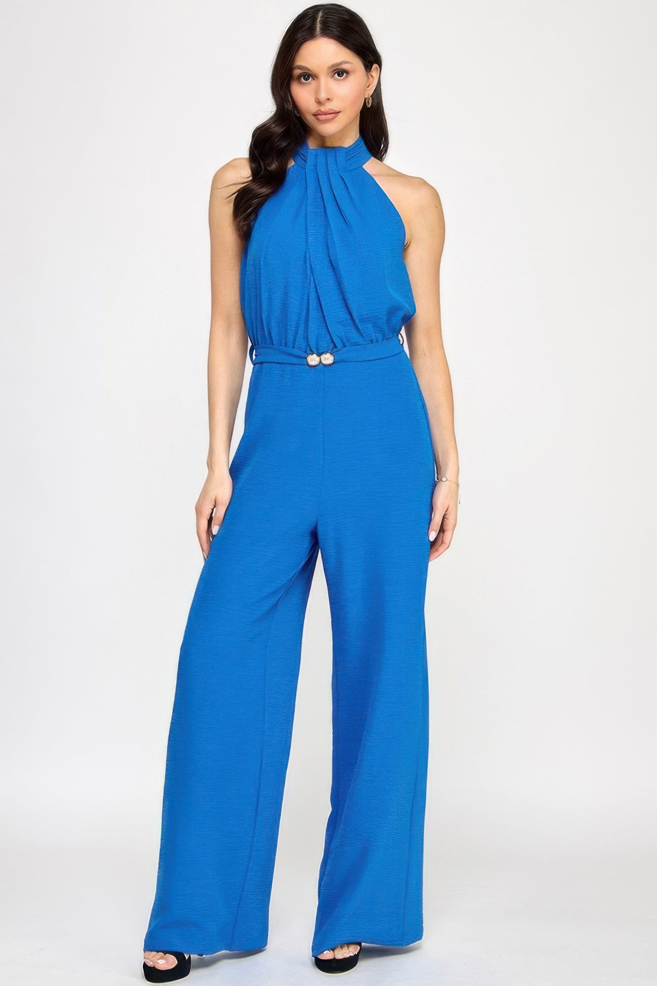 Halter Neck Pleated Top With Beaded Belt Jumpsuit
