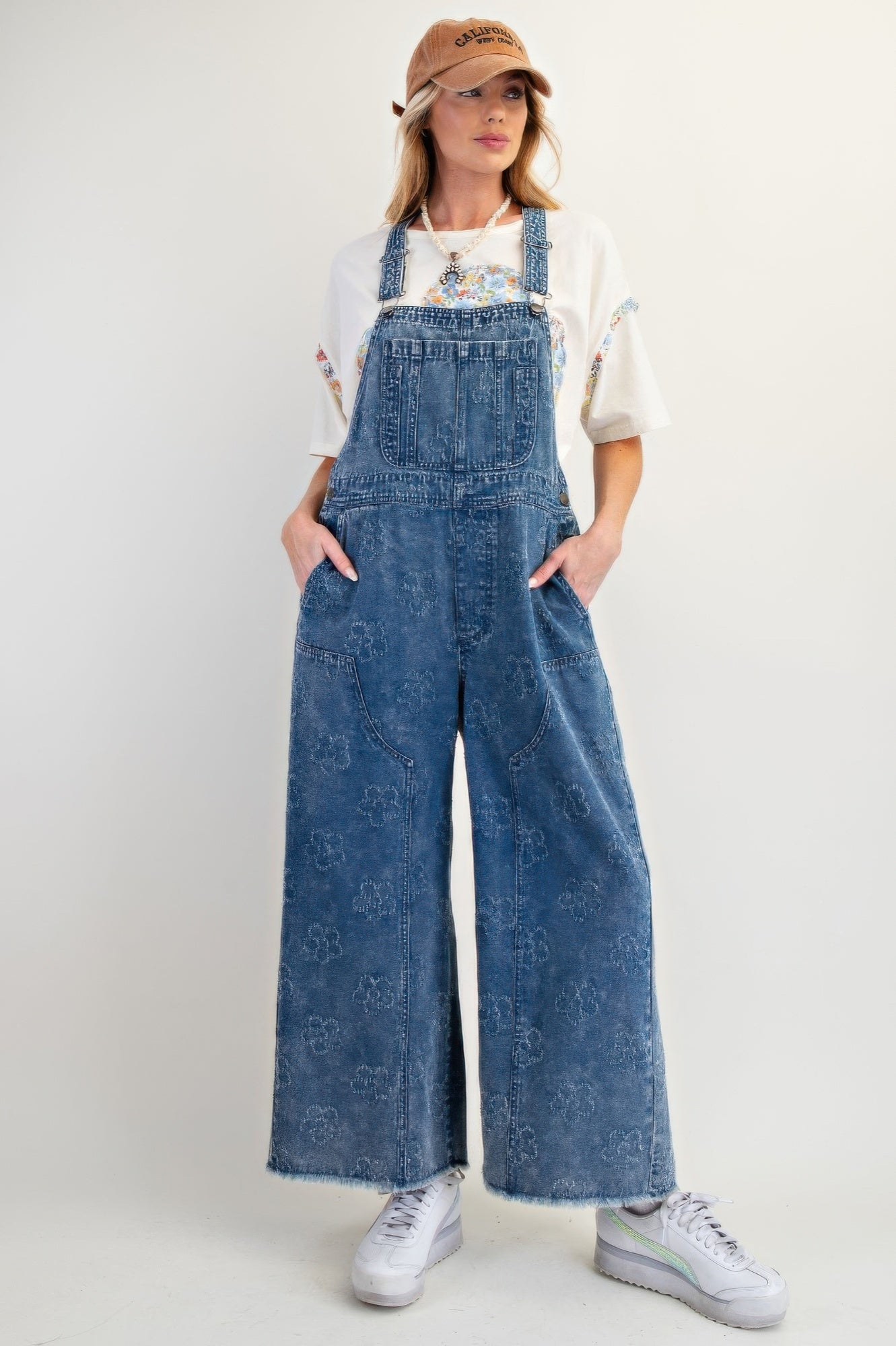 Flower Pattern Washed Twill Overalls