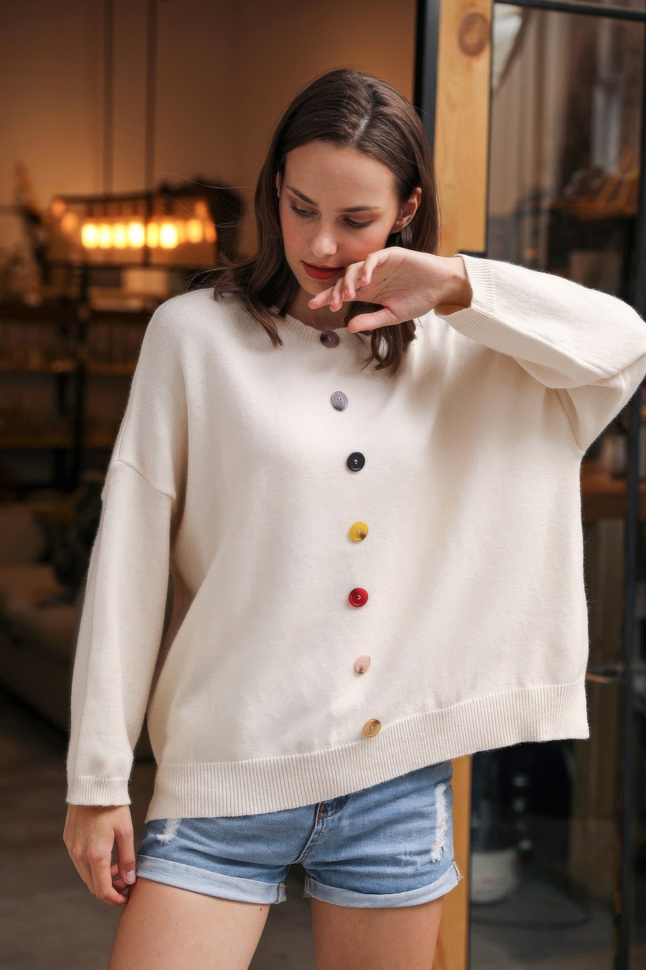Solid Sweater With Colorful Buttons